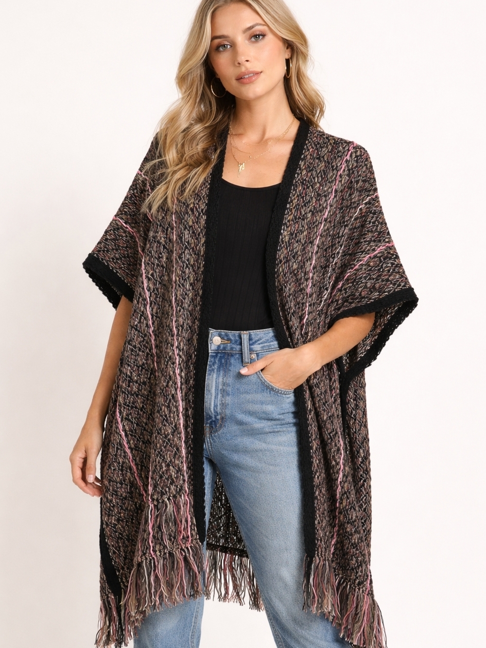 Free People NWT Boho Fringe Knit Cardigan OS Open Front Festival Duster FP Chic